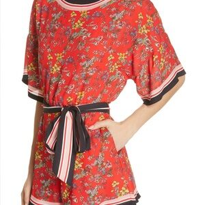 Alice + Olivia Red Floral Short-Sleeve Belted Romper